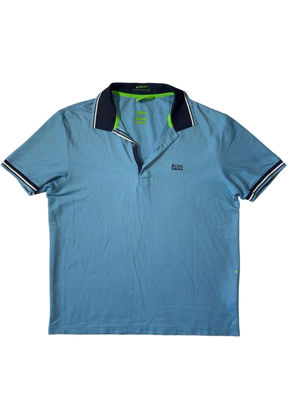 Hugo Boss mens L Large blue cotton blend performance pique polo shirt